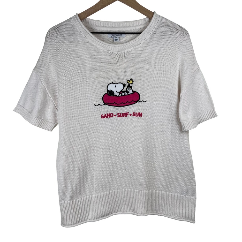 Peanuts Snoopy Sand‎ Surf Sun Short Sleeve Sweater Cream Cotton Blend Medium